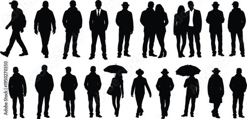People silhouette collection set, walking standing men women crowd figures umbrella urban lifestyle black vector illustration bundle