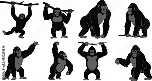 Cartoon gorilla illustrations in multiple dynamic poses, hanging, walking, standing, raising arms, holding branches, animal behavior concept
