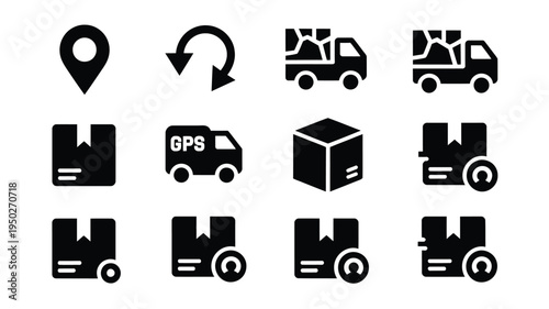 Logistics and delivery icons set with trucks boxes and gps navigation symbols for shipping and transportation concepts