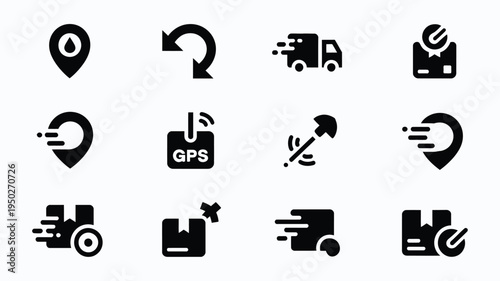 Collection of 12 black logistics and navigation icons on light gray background