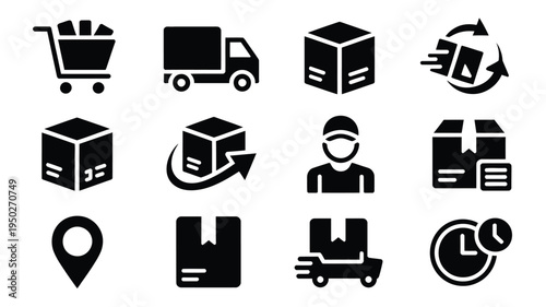 Vector icons for logistics and delivery services featuring trucks boxes and a shopping cart on white background