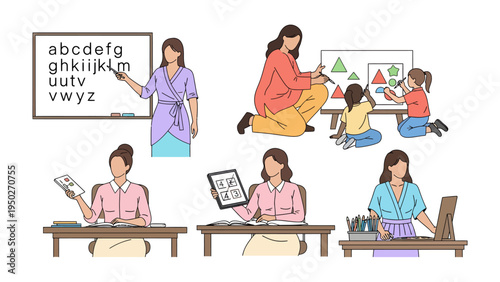 Nurturing Minds in the Classroom: An educator in various teaching scenes, from alphabets to drawing, nurturing young minds with knowledge and creativity. 