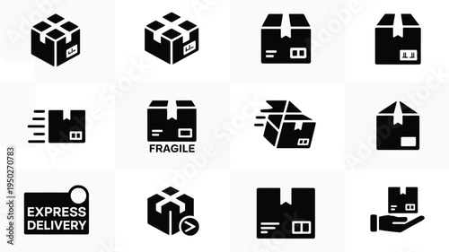Set of black and white shipping icons including boxes with ribbons labels and handling instructions