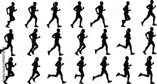 Running people silhouettes set, men and women jogging athlete poses vector illustration collection, fitness training runners isolated pack