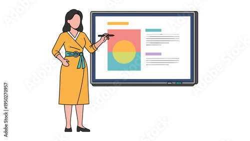 Presentation of Idea on Monitor: An illustration captures a woman presenting a colorful scheme on the monitor. Presenting idea in style