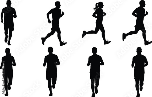running people silhouette set, men and women jogging collection, fitness training activity, marathon runners motion poses, healthy lifestyle sport