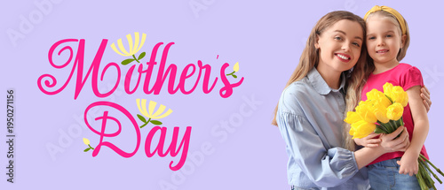 Cute little girl greeting her mom for Mother's Day with yellow tulips on lilac background