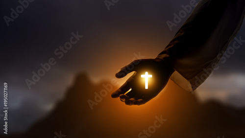 A powerful spiritual image showing a divine hand holding a bright, glowing Christian cross against a dramatic sunset and mountain silhouette background, representing faith and hope