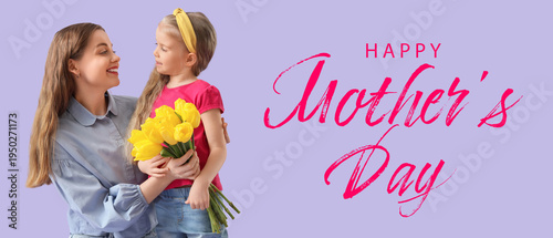 Cute little girl greeting her mom for Mother's Day with yellow tulips on lilac background