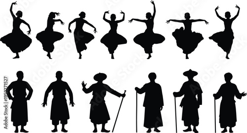 Traditional dancer and asian people silhouettes set, cultural dance performers men women folk costume black vector illustration collection