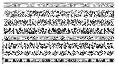 Vintage Hand Drawn Floral and Wood Grain Border Dividers for Decorative Design
