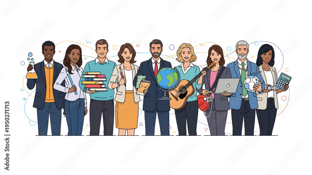 Fototapeta premium Diversity in Harmony: A diverse group of people, each with distinct tools representing various professions, stand united, symbolizing a tapestry of collaboration and shared progress.