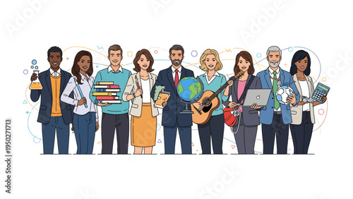 Diversity in Harmony: A diverse group of people, each with distinct tools representing various professions, stand united, symbolizing a tapestry of collaboration and shared progress.