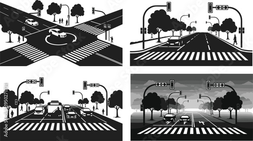 Urban road intersection scenes, traffic light crosswalk city street vector illustrations showing vehicles pedestrians transportation safety infrastructure design collection