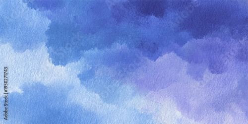 A beautiful abstract blue watercolor background features a bright, airy sky filled with soft white clouds and sunlight patterns creating a serene nature texture