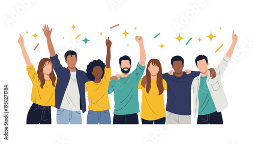 Diverse group of young friends stands together with their arms raised high in a powerful gesture of unity, victory, and joyful celebration.