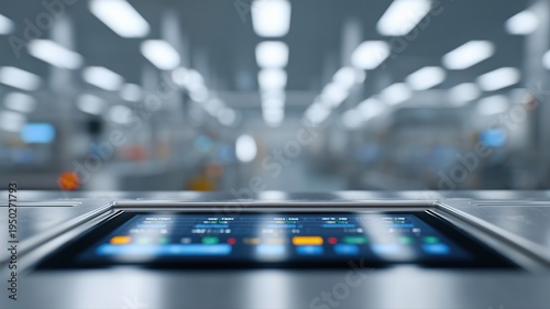 Saubere Werkstatt für Krankenhausmöbel mit Qualitätskontroll-Tablet-Oberfläche in leuchtenden, satten Farben für Einblicke in die Fertigung.