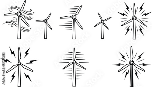 Wind turbine energy icons, renewable power generator illustration set, sustainable electricity windmill technology symbols for green energy production design