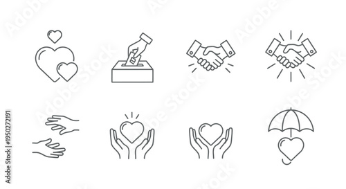Illustrations of various symbolic gestures and icons representing love, support, and unity