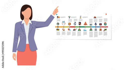 Presentation in Progress: A focused woman points to an informative presentation board, outlining key points, concepts, and ideas in a clear and concise visual manner.