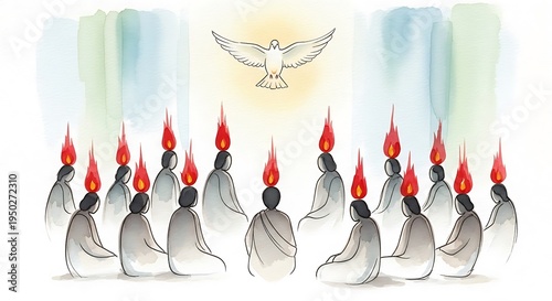Devotees receive spiritual illumination represented by flames above their heads under a descending bird figure