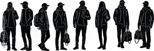 Young people silhouettes with backpacks and bags, casual students standing poses vector illustration set, modern youth characters isolated