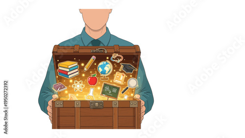 Box of Knowledge: A person holding a radiant chest brimming with symbolic items of education. The image evokes learning, and discovery.