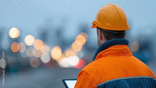 Bauleiter leitet Stahlbauschweißarbeiten in der Abenddämmerung bei leuchtenden und satten Farben