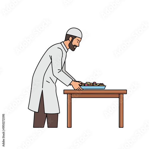Man in white lab coat preparing food on table