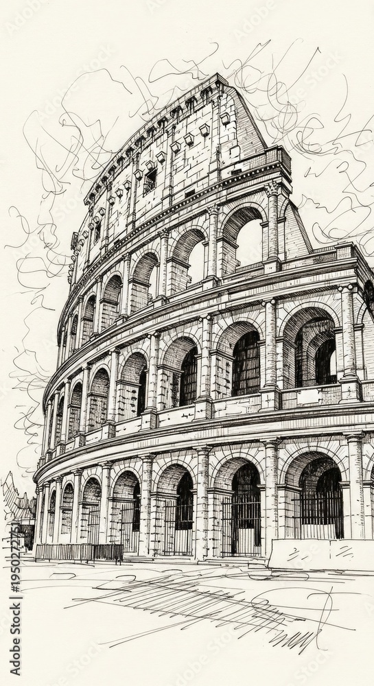 Obraz premium Illustration of old Roman Colosseum with arches and columns ancient Italian architecture