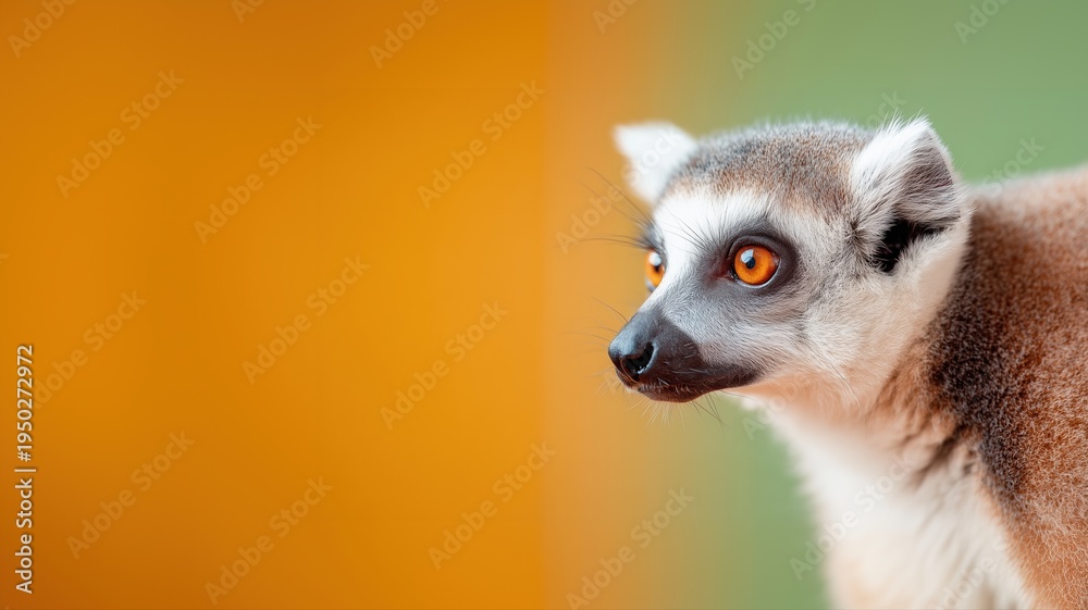 Obraz premium Neugieriger Lemur vor farbenfrohem Hintergrund in der Tierfotografie