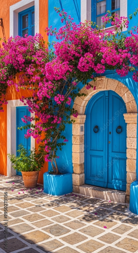 Fototapeta premium Colorful house with blue doors and pink flowers on facade exterior vibrant architecture and plants