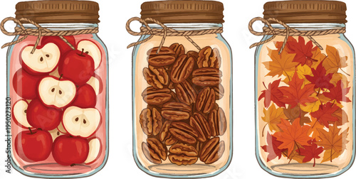 Vector Illustration Autumn Harvest Jars with Apples, Pecans, and Fall Leaves