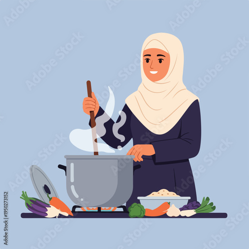 Woman in hijab cooking with pot and vegetables on kitchen counter