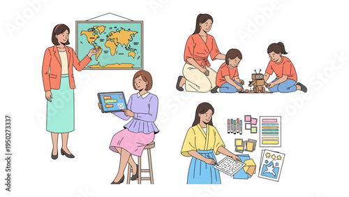 Empowering Educators and Learners: A compilation of illustrations showcasing a teacher interacting with students in diverse learning environments, fostering knowledge, growth, and development.