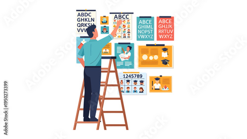 Educator's Art: A dedicated educator meticulously arranges educational posters on a wall, embodying the essence of learning, structure, and the pursuit of knowledge.
