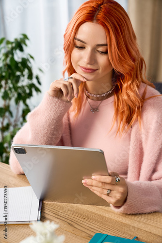Fényképezés A young woman with red hair relaxes in her cozy winter clothes while using a tab