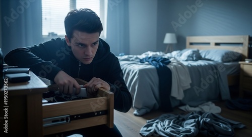 Focused young man wearing a dark hoodie secretly searches through a wooden drawer in a dimly lit bedroom setting.
