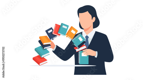 Academic Librarian: A smartly dressed librarian adeptly juggles a collection of colorful books, representing the world of literature and learning.