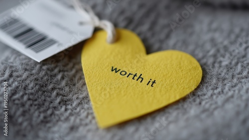 Emotionales ROI-Konzept mit herzförmigem Zettel und Preisschild in minimalistischer Makroszene
