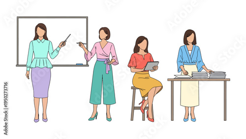 Diverse Female Professionals at Work: A collection of illustrations showcasing versatile career positions.