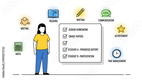 Education and Organization: A minimalist representation of a person surrounded by icons symbolizing different aspects of education.