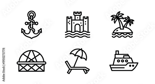 Six icons representing various themes of travel and adventure