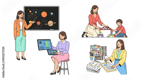The Nurturing Educator: A compilation of illustrations showcasing an educator engaging in various activities like teaching, guiding, and facilitating learning.