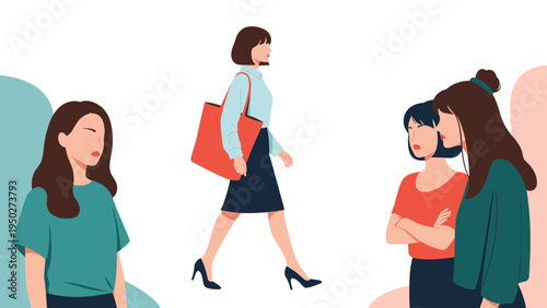 Group of women gossips and looks suspiciously at a female colleague walking away, representing themes of social judgment or office conflict.