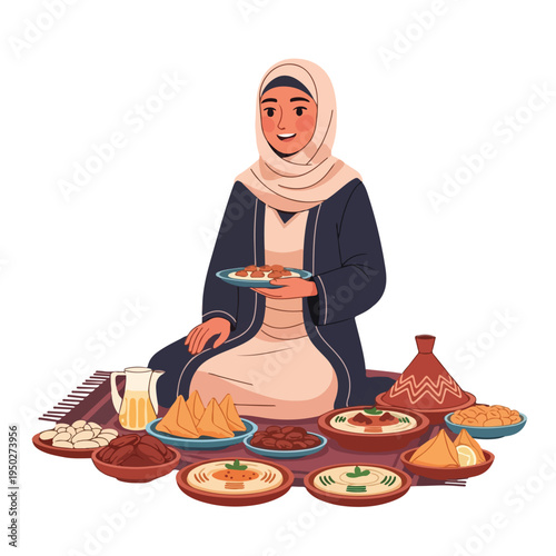 Woman wearing hijab sitting with traditional food on mat