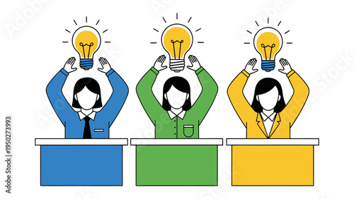 Illuminated Minds: Three individuals, each with a bright idea illuminating above their heads, come together in a dynamic display of brainstorming and innovation.