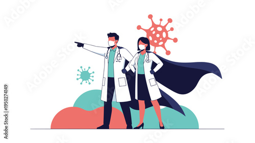Two medical doctors wearing masks and superhero capes stand bravely against a background of virus cells during a global health pandemic.