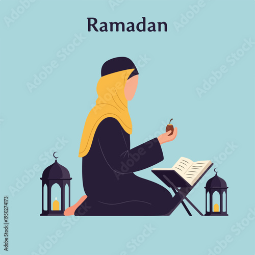 Muslim woman reading Quran during Ramadan with lanterns