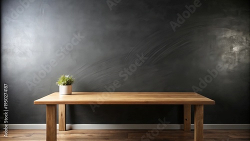 A simple wooden table with a small potted plant sits against a dark textured wall, offering a clean and minimalist backdrop for various display purposes.
